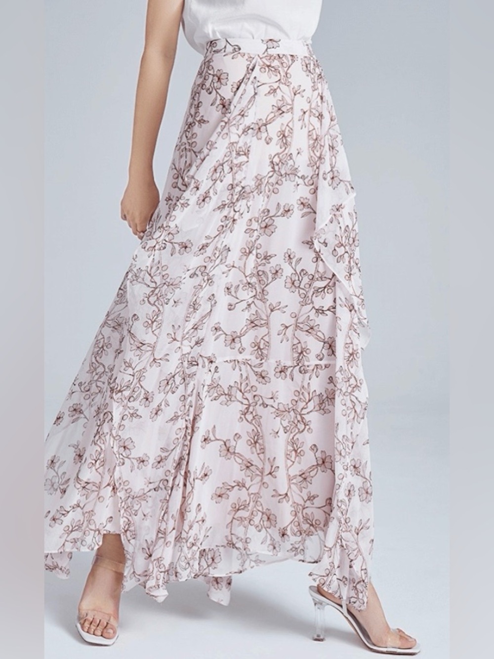 BCBGMAXAZRIA Amali Vine Floral Ruffle High Low Maxi Skirt 12 Pink